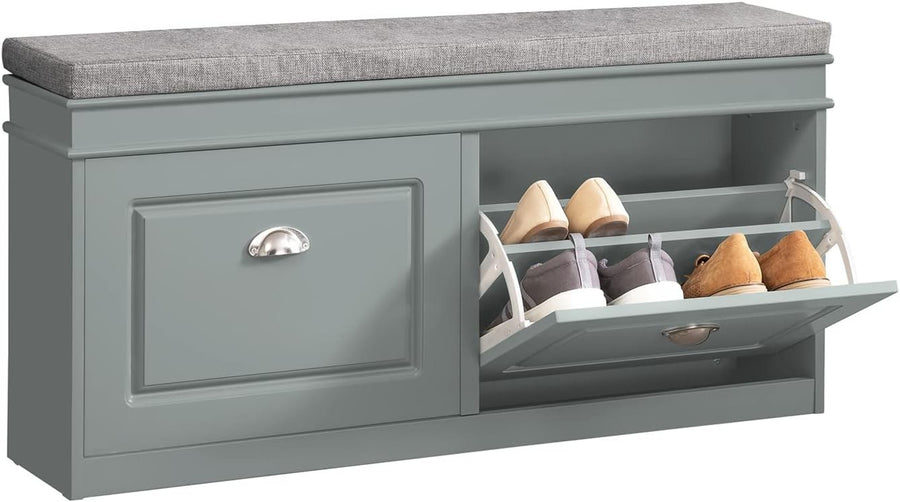 Modern Shoe Storage Bench with Cushion & 2 Flip-Drawers – Compact Grey Organizer