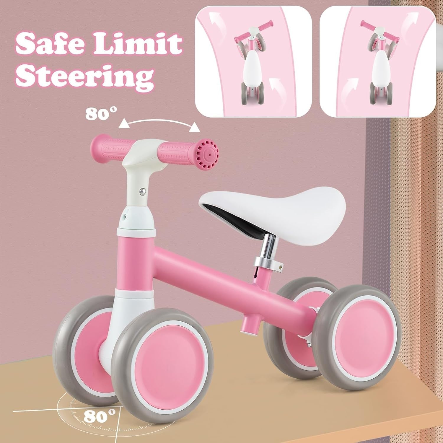 Baby Balance Bike 4 Wheel Toddler Ride On Adjustable Seat 1-3 Years