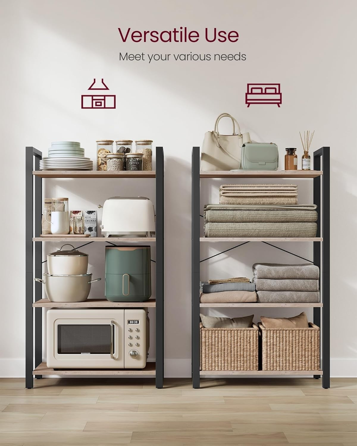 4-Tier Heather Greige Bookcase – Industrial Shelf Storage Unit, 120cm Tall