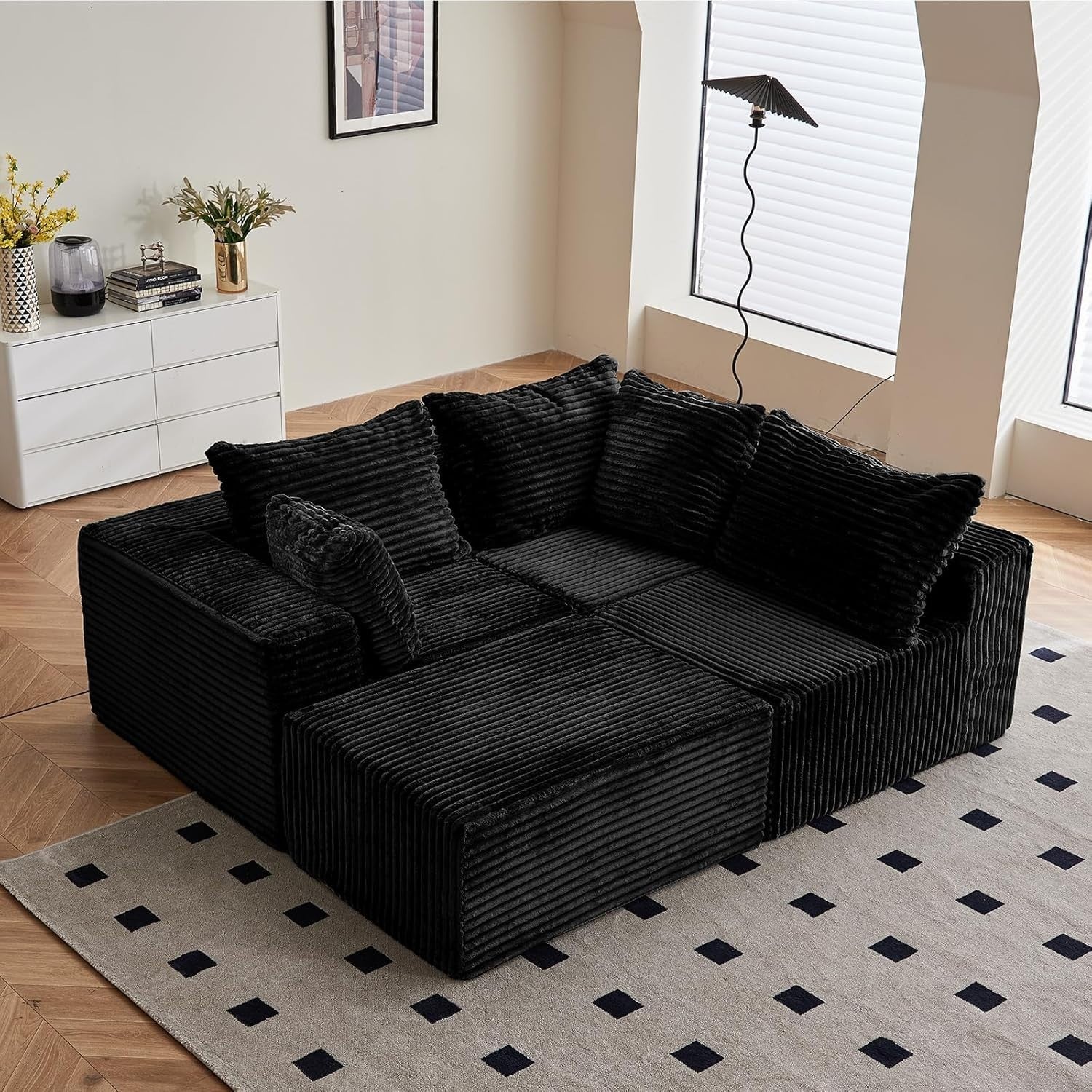 Modular 3/4 Seater Sofa Black Corner Couch No Assembly, Memory Foam, 274cm
