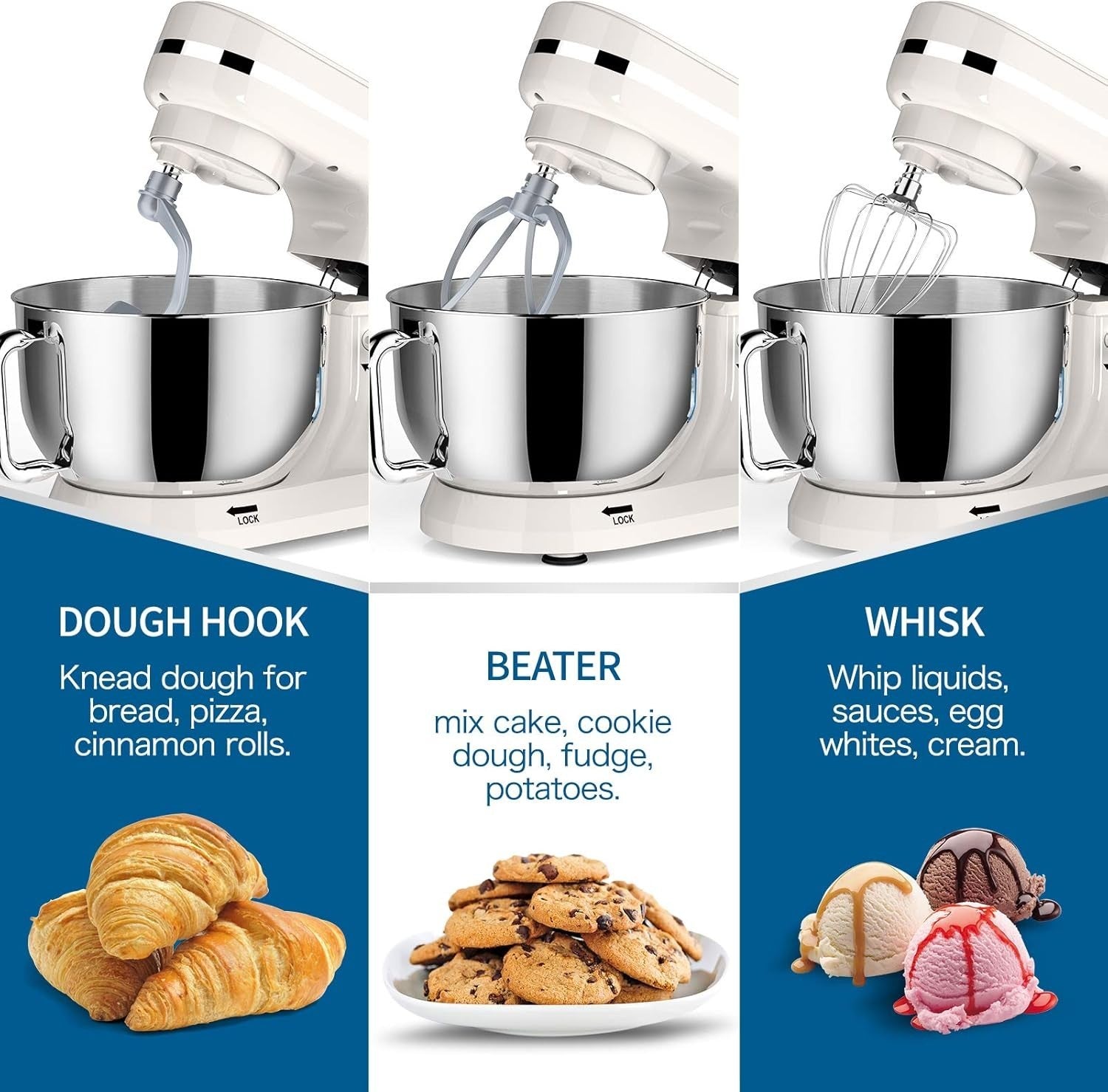 5QT 1000W Stand Mixer 8-Speed Tilt-Head Food Mixer White Stainless Steel