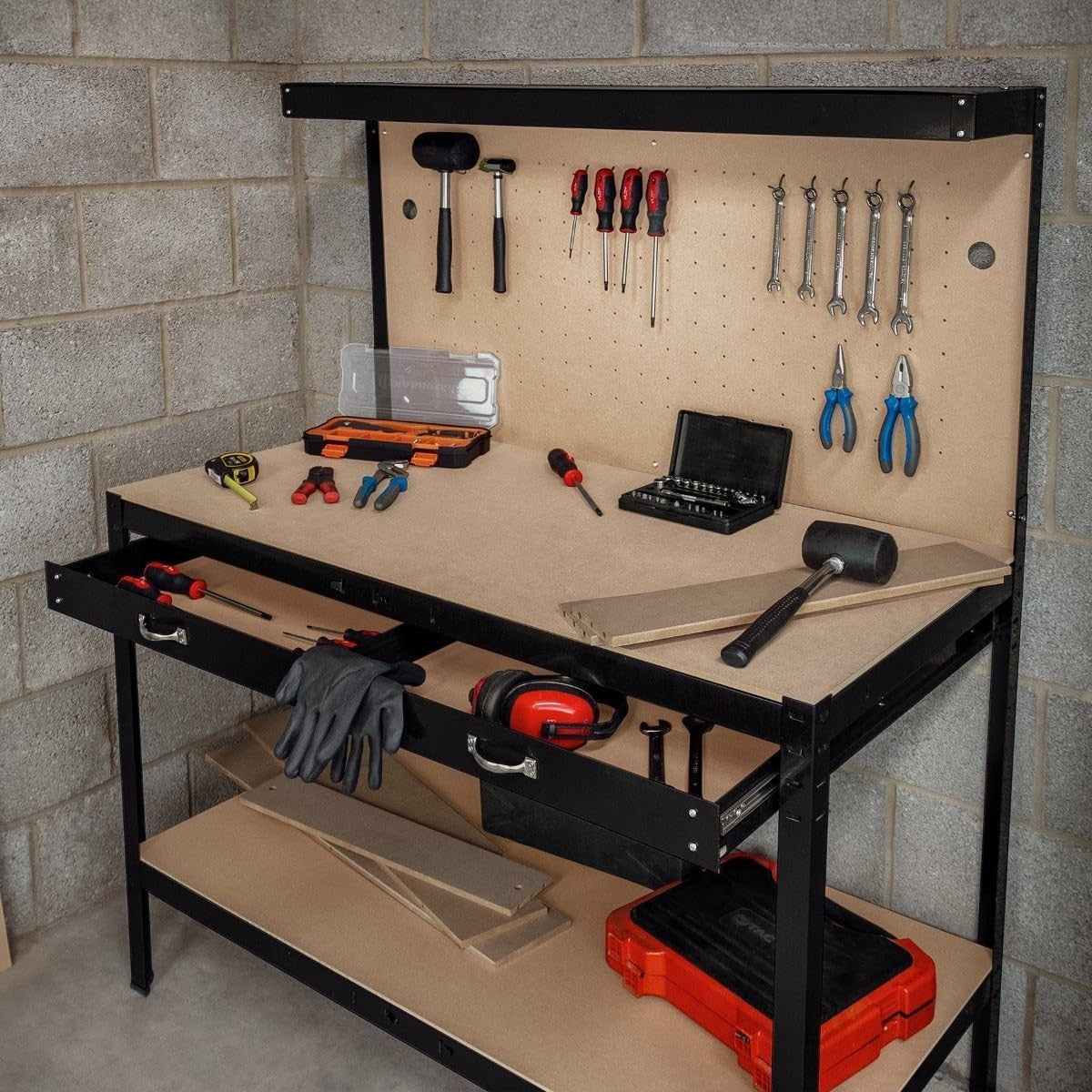Black Garage Workbench Steel Pegboard Drawer LED Light 370kg Tool Station