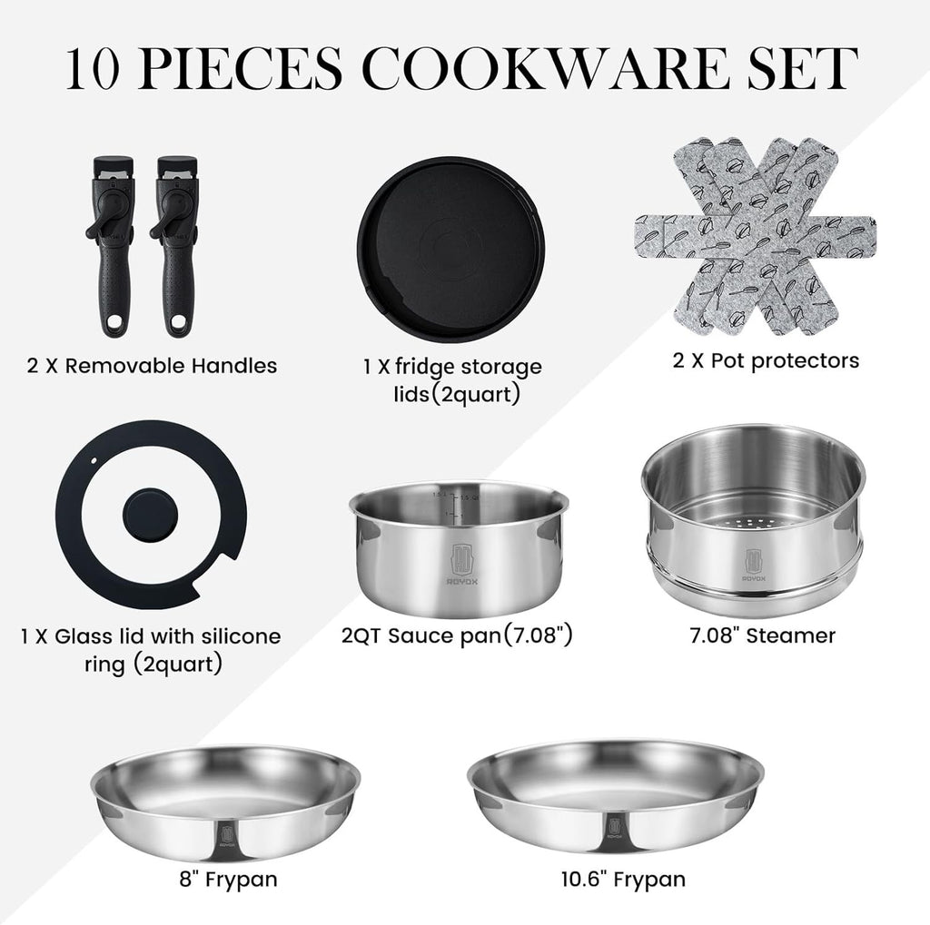 10Pcs Stainless Steel Cookware Set with Steamer Removable Handles Induction Safe
