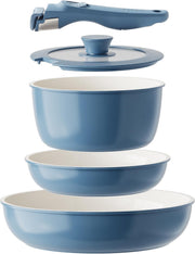 5pcs Blue Non Stick Ceramic Cookware Set with Detachable Handle Induction Safe