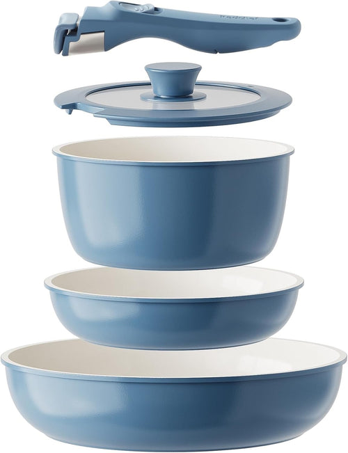 5pcs Blue Non Stick Ceramic Cookware Set with Detachable Handle Induction Safe
