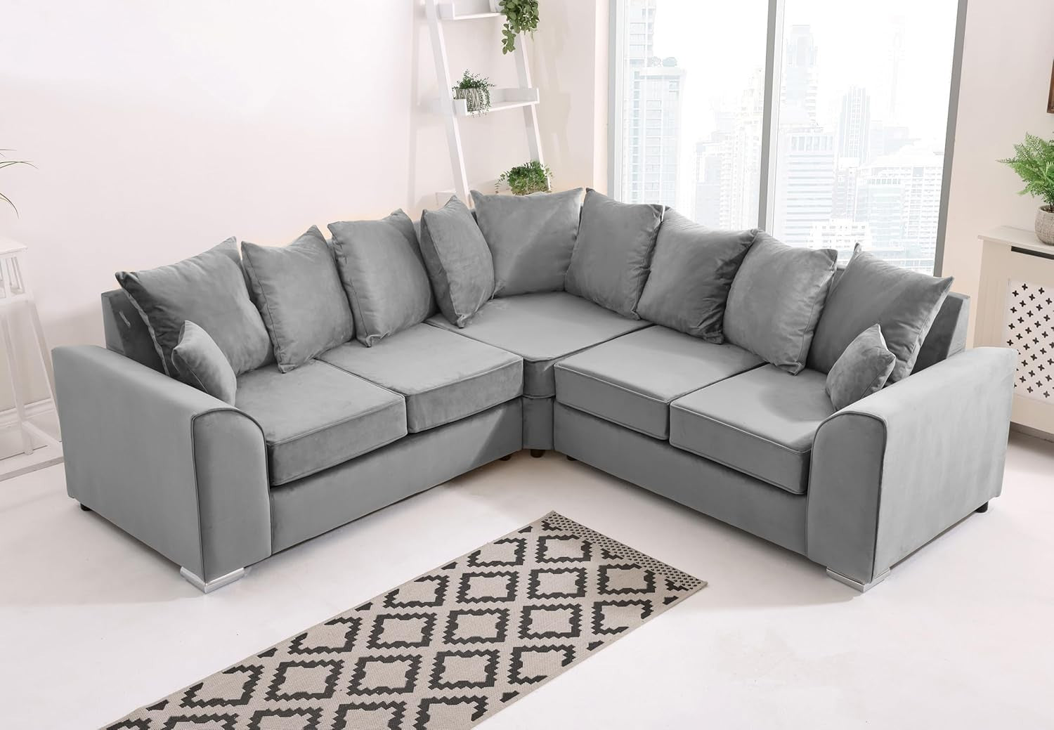 Silver Plush Velvet 5 Seater Corner Sofa–Scatterback Foam Cushions & Chrome Feet