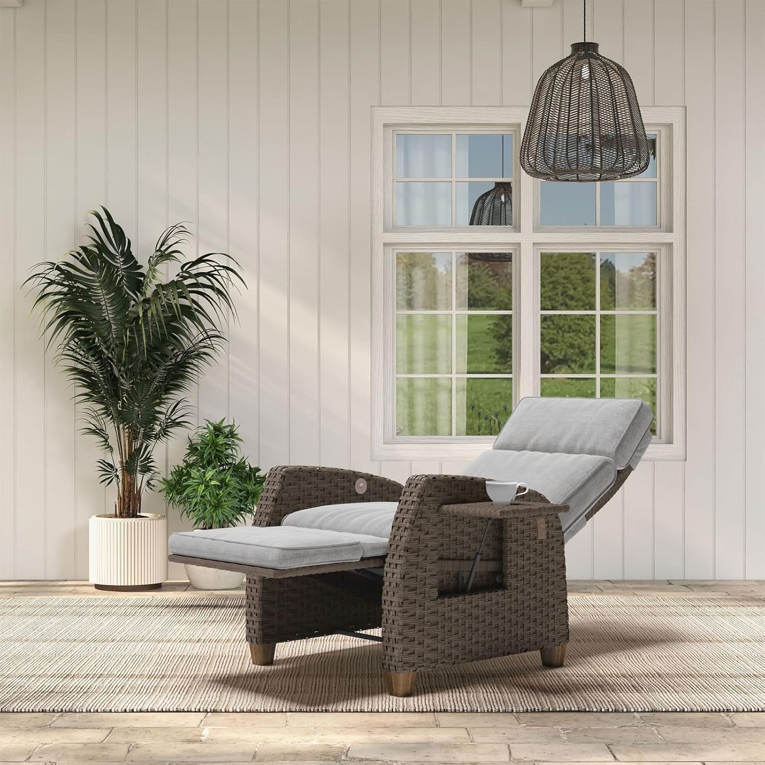 Outdoor Recliner Wicker Patio Chair Adjustable Sun Lounger with Flip Table