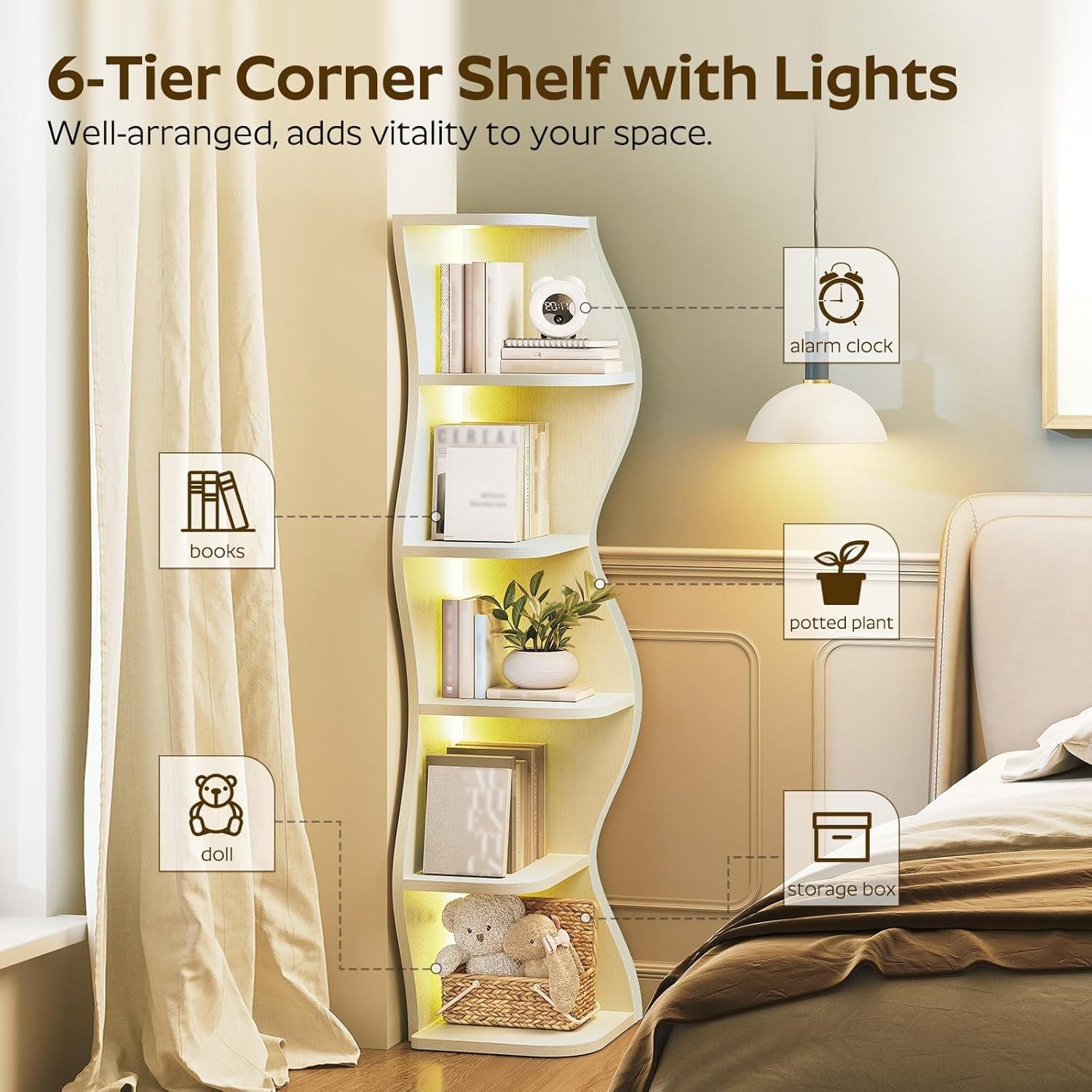 Corner LED Bookshelf White Zigzag 6-Tier Narrow Display Shelving Unit