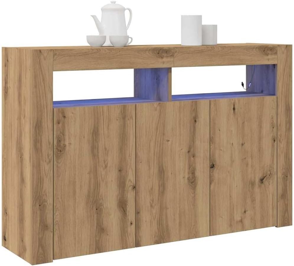 Oak Sideboard with LED Lighting, Engineered Wood Storage Cabinet for Living Room