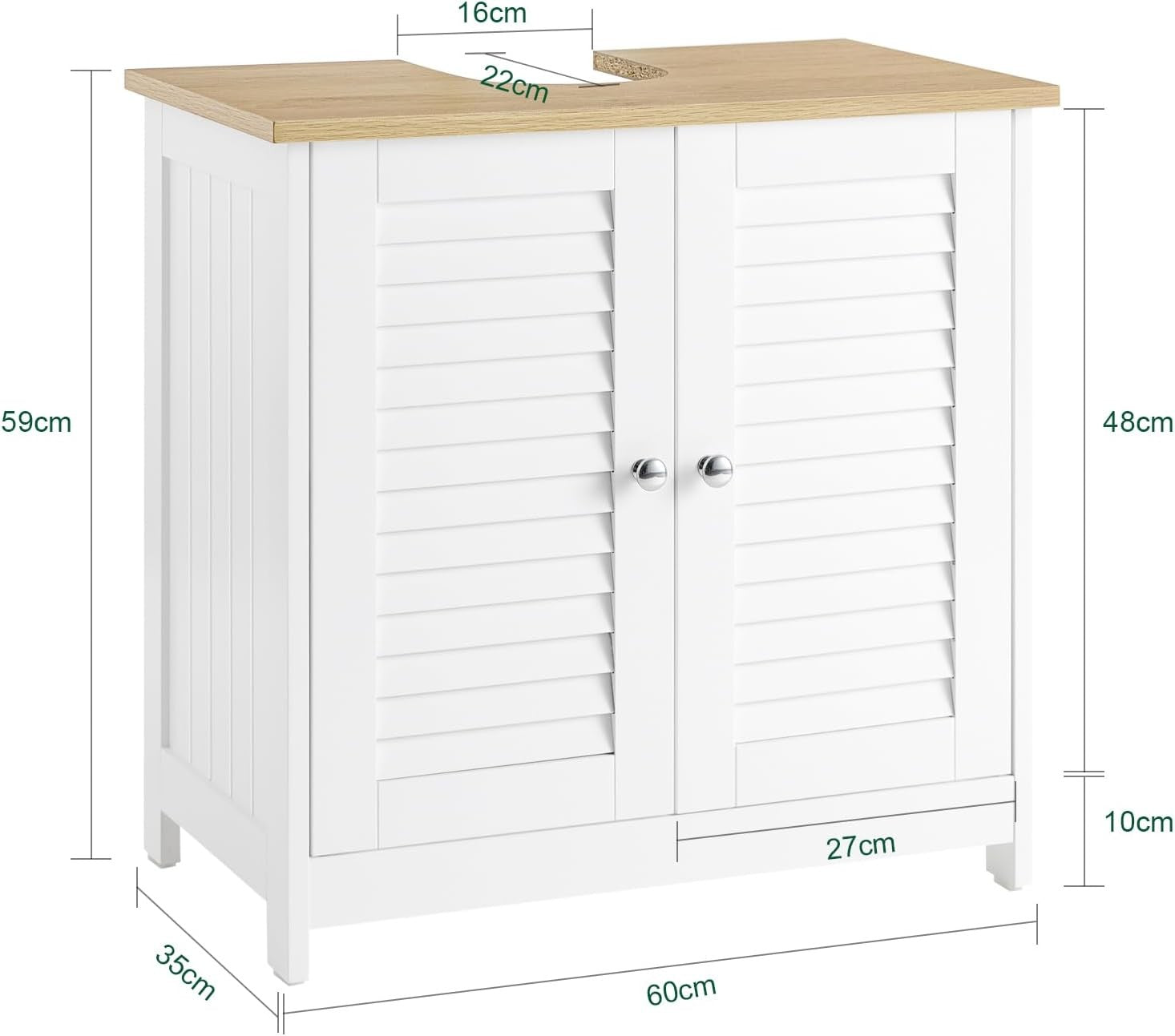 White & Natural Under Sink Bathroom Cabinet – 2 Door Vanity Unit 60x35x59cm