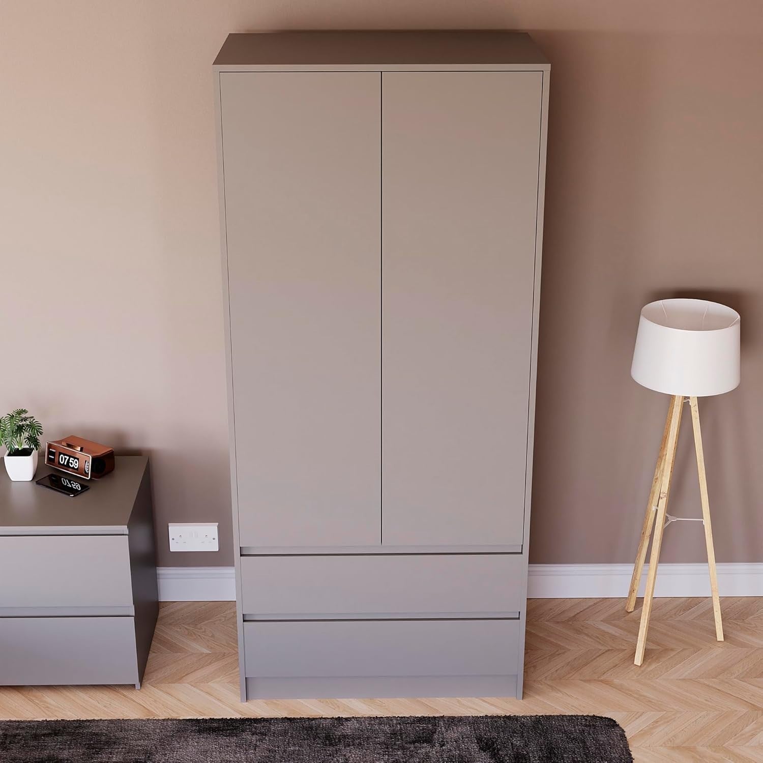Modern 2 Door Grey Wardrobe with 2 Drawers & Versatile Hanging Rail Storage