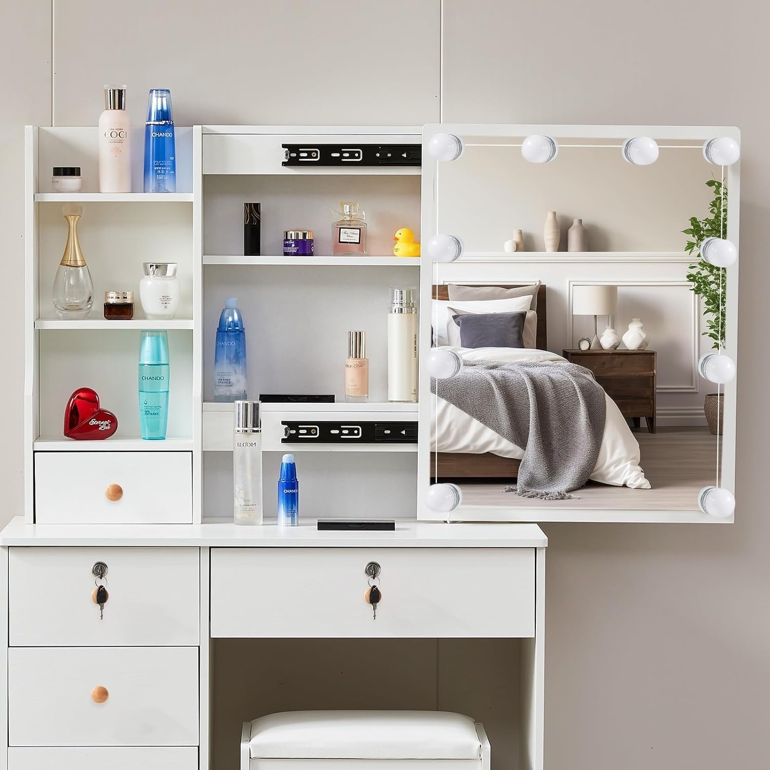White Modern Vanity Desk Makeup Table Set w/ 10 Lights Mirror & 5 Drawers