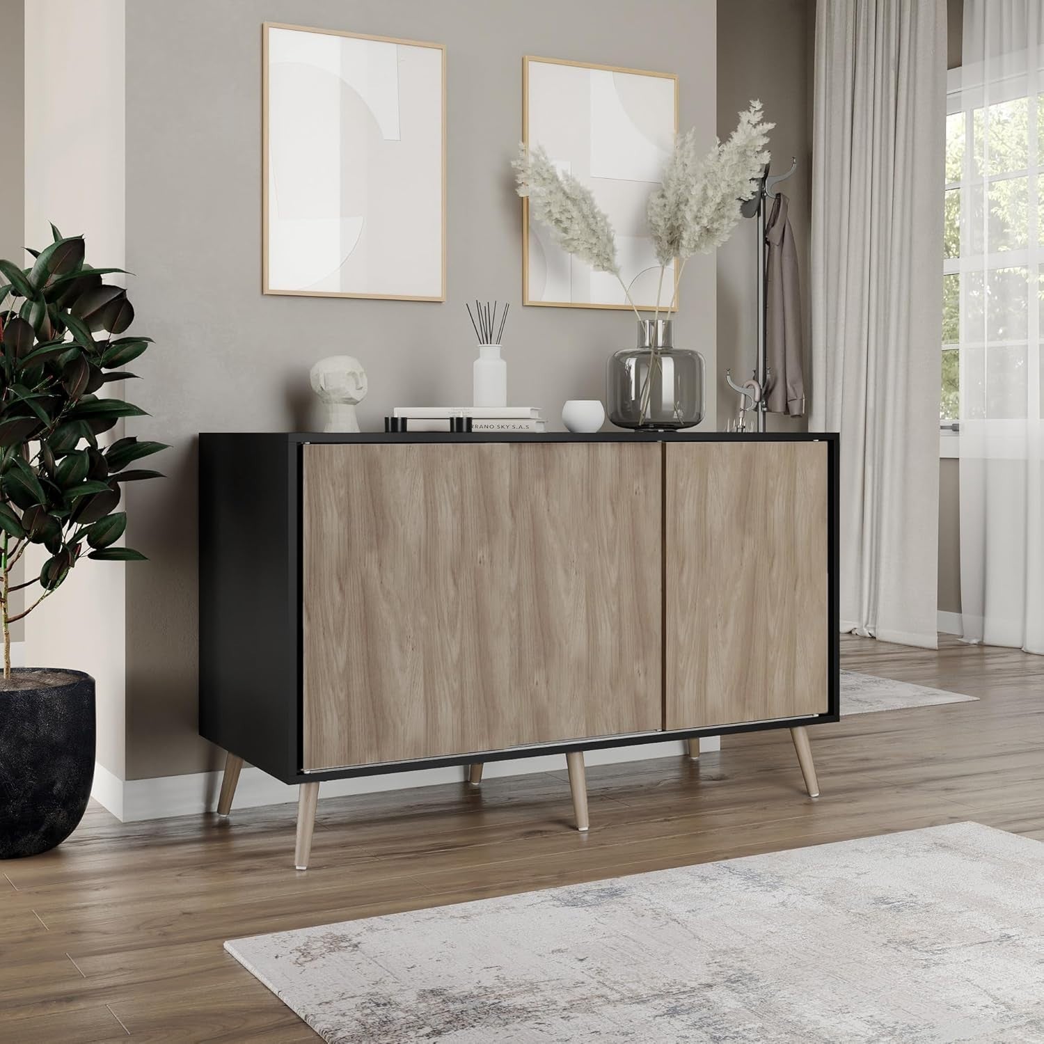 Black Oak Sideboard Cabinet | 3 Door Sliding Storage Unit Beech Legs