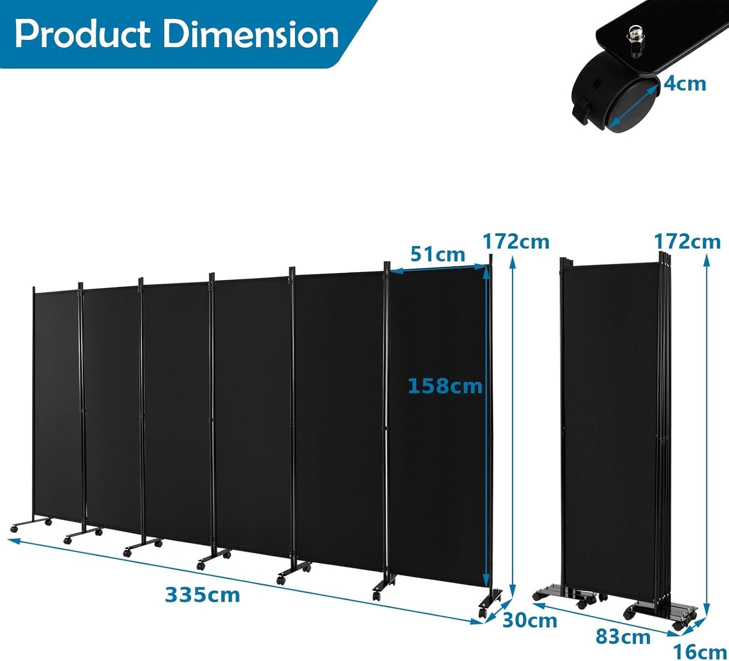 6 Panel Black Folding Room Divider Privacy Screen on Wheels for Home Office