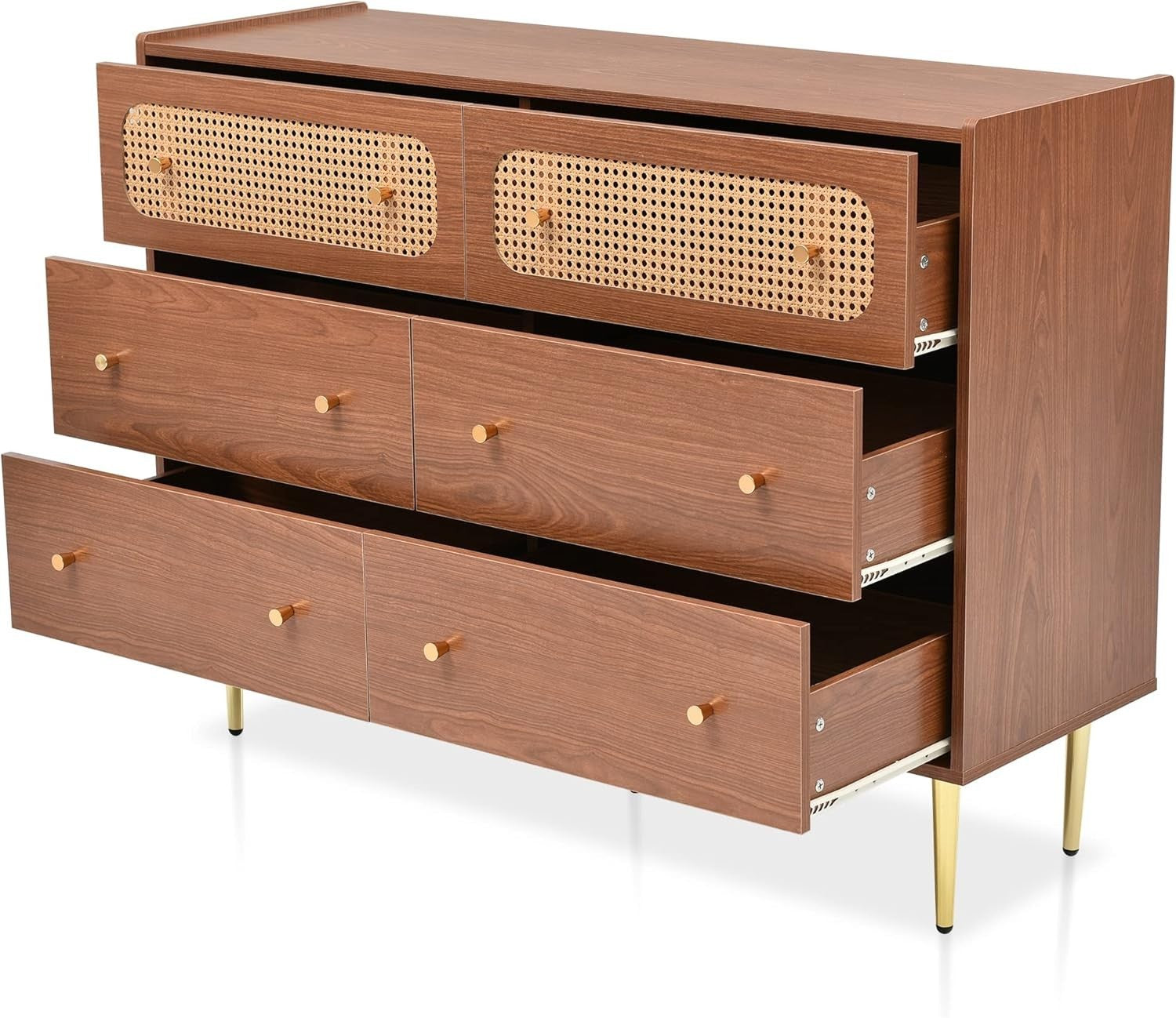 Walnut 6 Drawer Rattan Sideboard Cabinet with Gold Legs for Hallway Storage