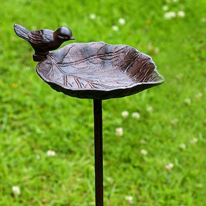 Cast Iron Leaf Bird Bath with Bird – Garden Stake Feeder Outdoor Ornament