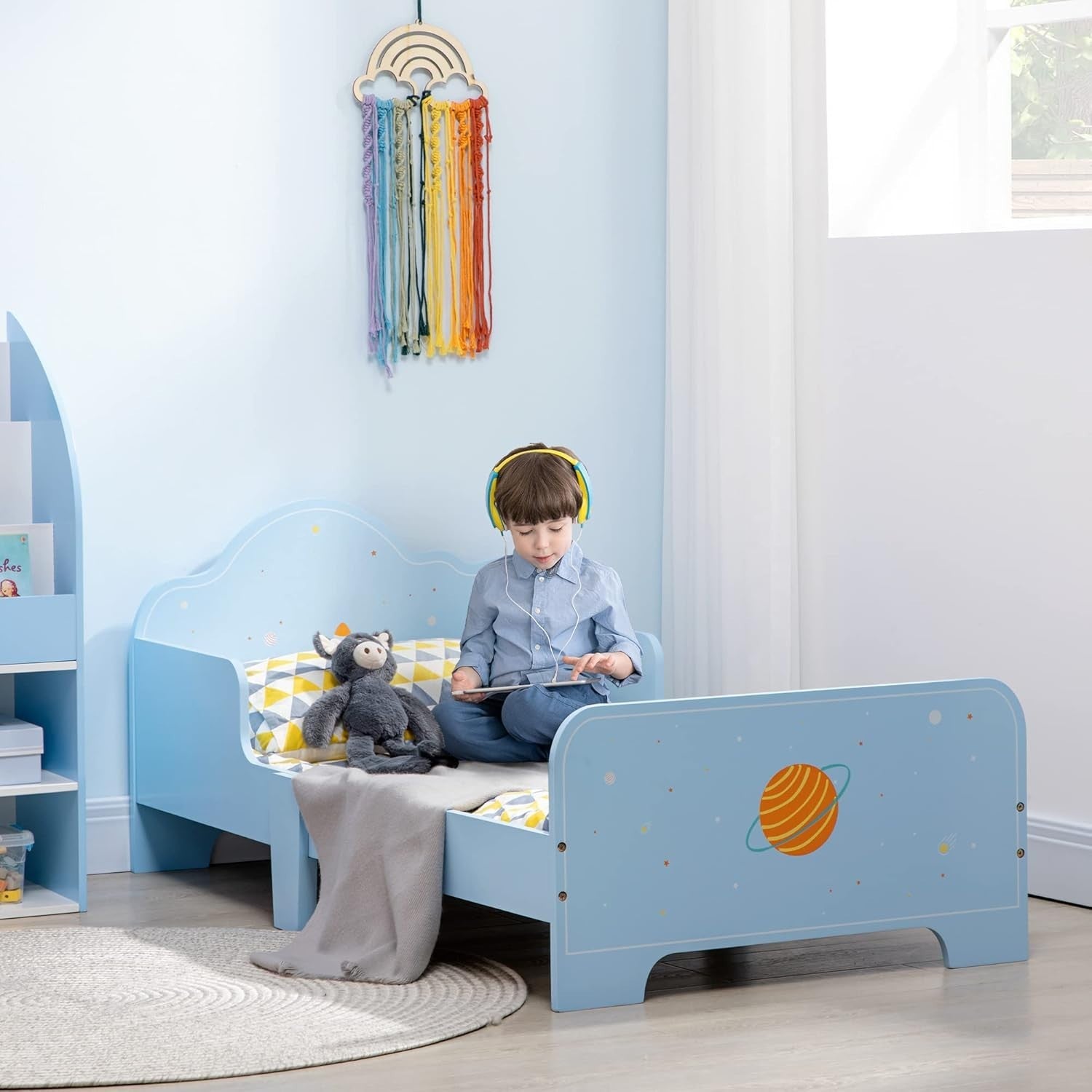 Kids Toddler Bed with Safety Rails Wooden Low Frame Boys Girls Bedroom Blue