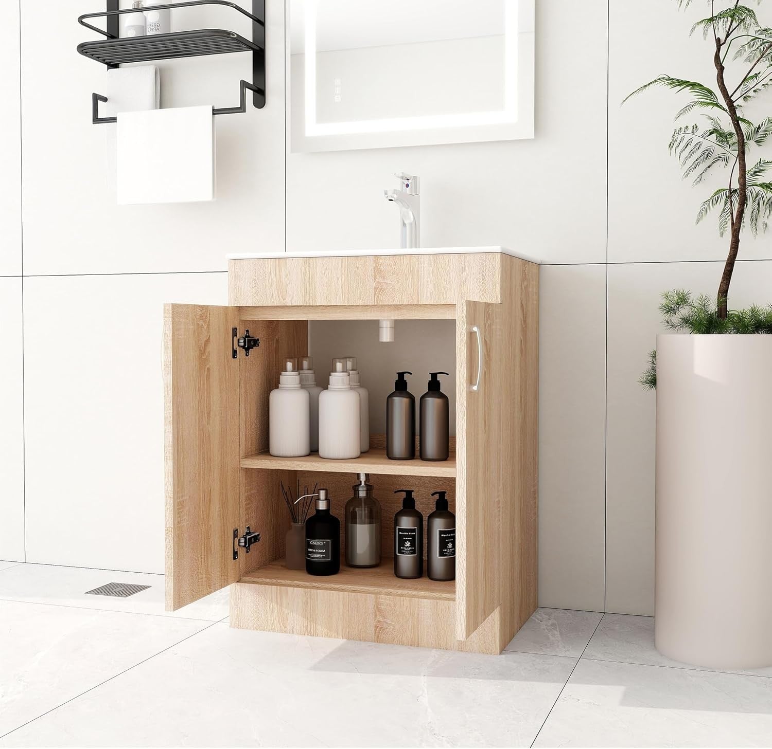 600mm Oak Wood Grain Bathroom Vanity Unit with Basin Floor Standing Sink Cabinet