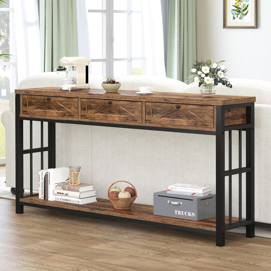 Rustic Entryway Console Table with 3 Drawers & Open Shelf, 140x34x80cm