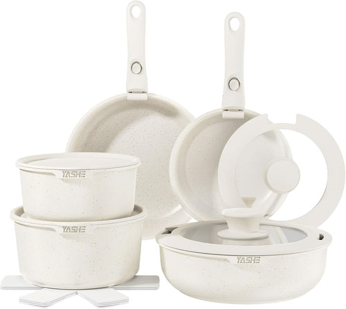 15pcs White Non Stick Granite Cookware Set  Induction Safe with Removable Handle
