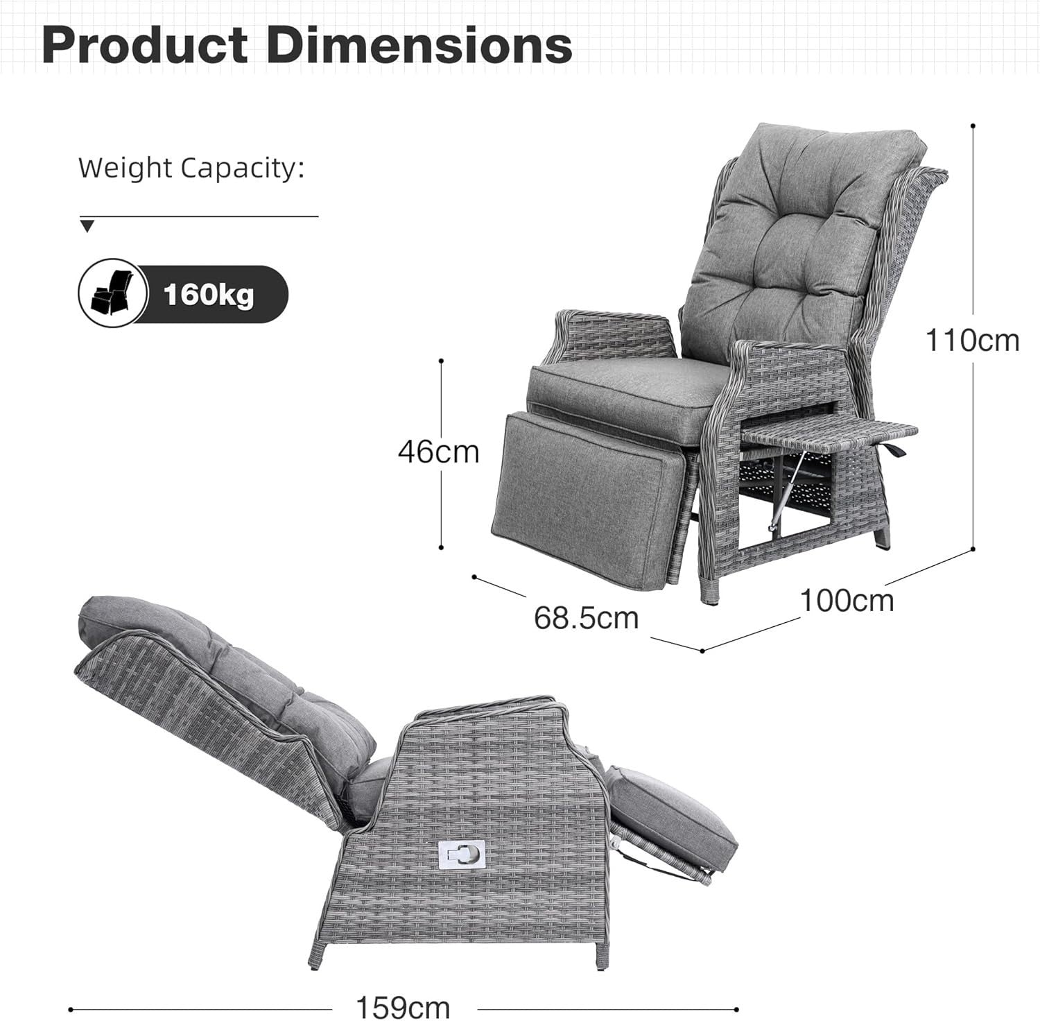 Outdoor Rattan Recliner Chair Adjustable Sun Lounger with Cushions & Side Table