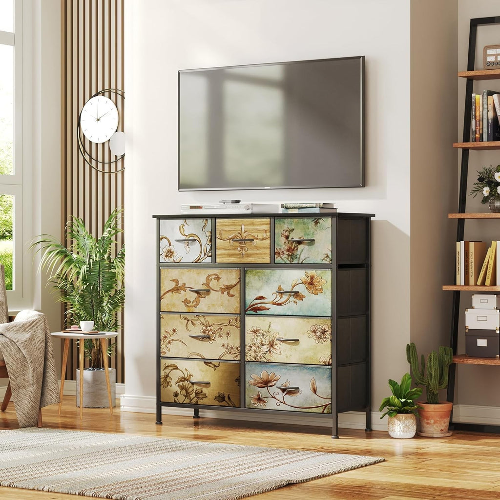 9 Drawer Tall Chest Fabric Dresser Storage Unit Floral Black Wood Top