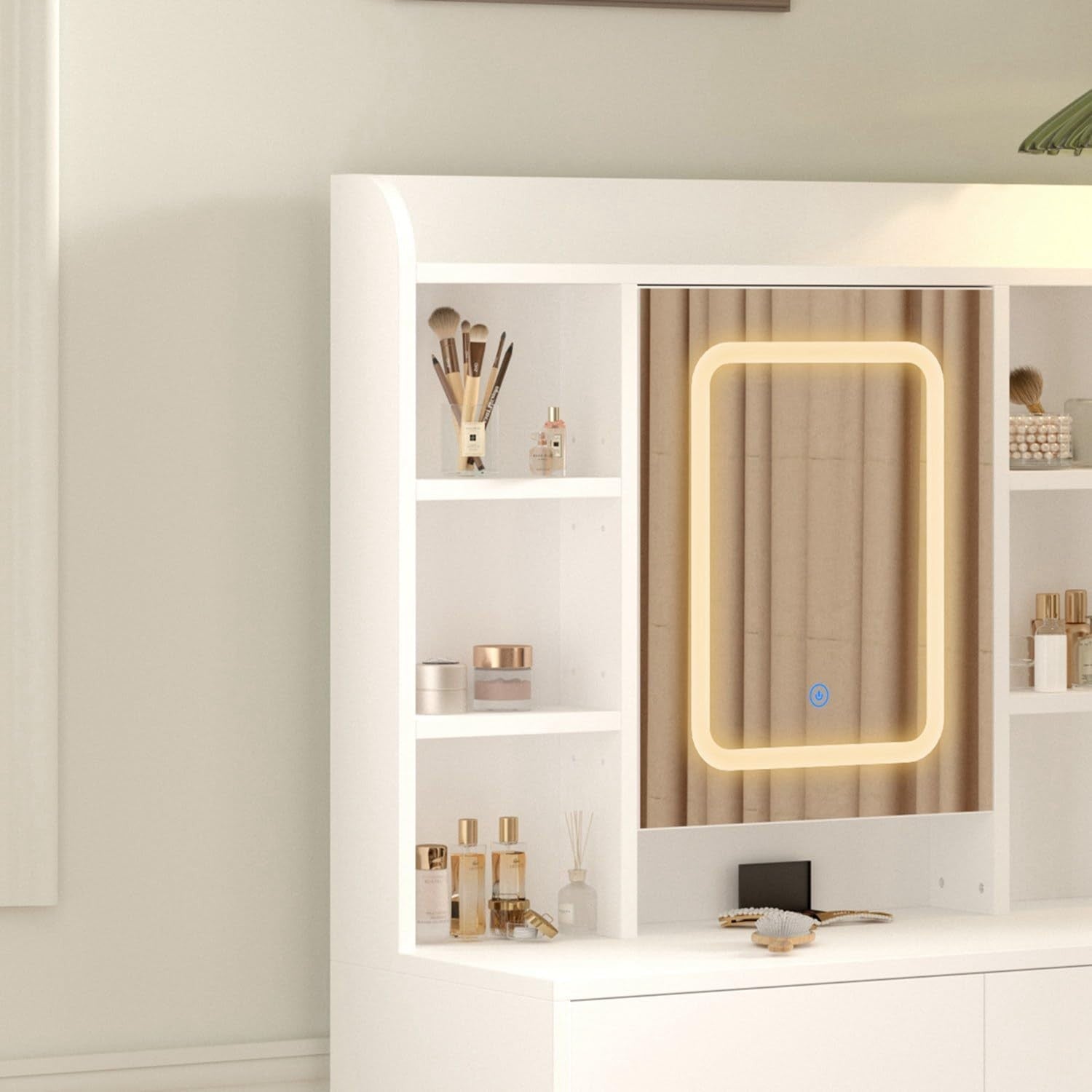 Modern White Dressing Table Vanity Set LED Mirror Adjustable Shelves Wood