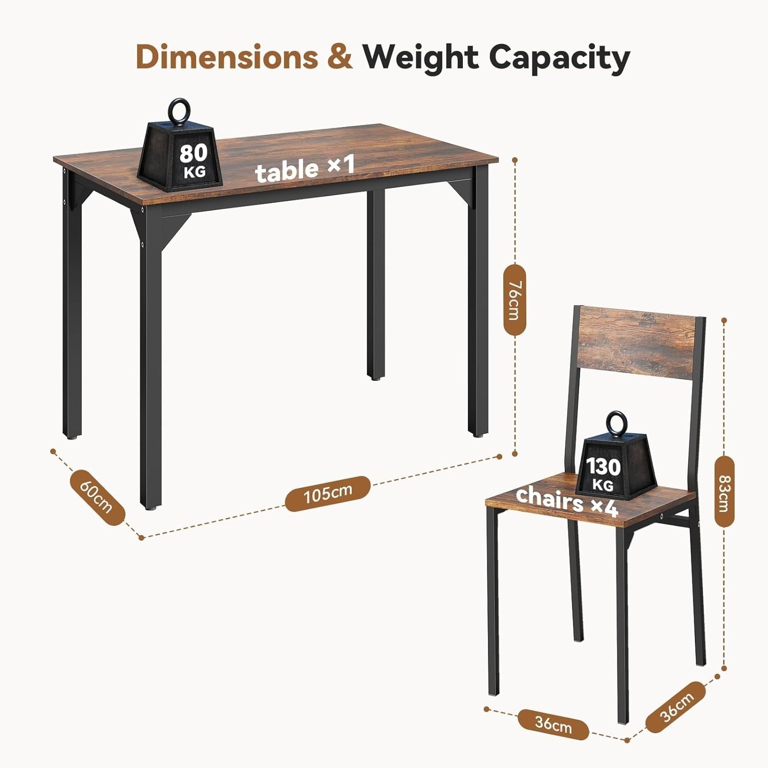 4-Seater Brown Dining Table & Chairs Set - Metal Frame, Space Saving