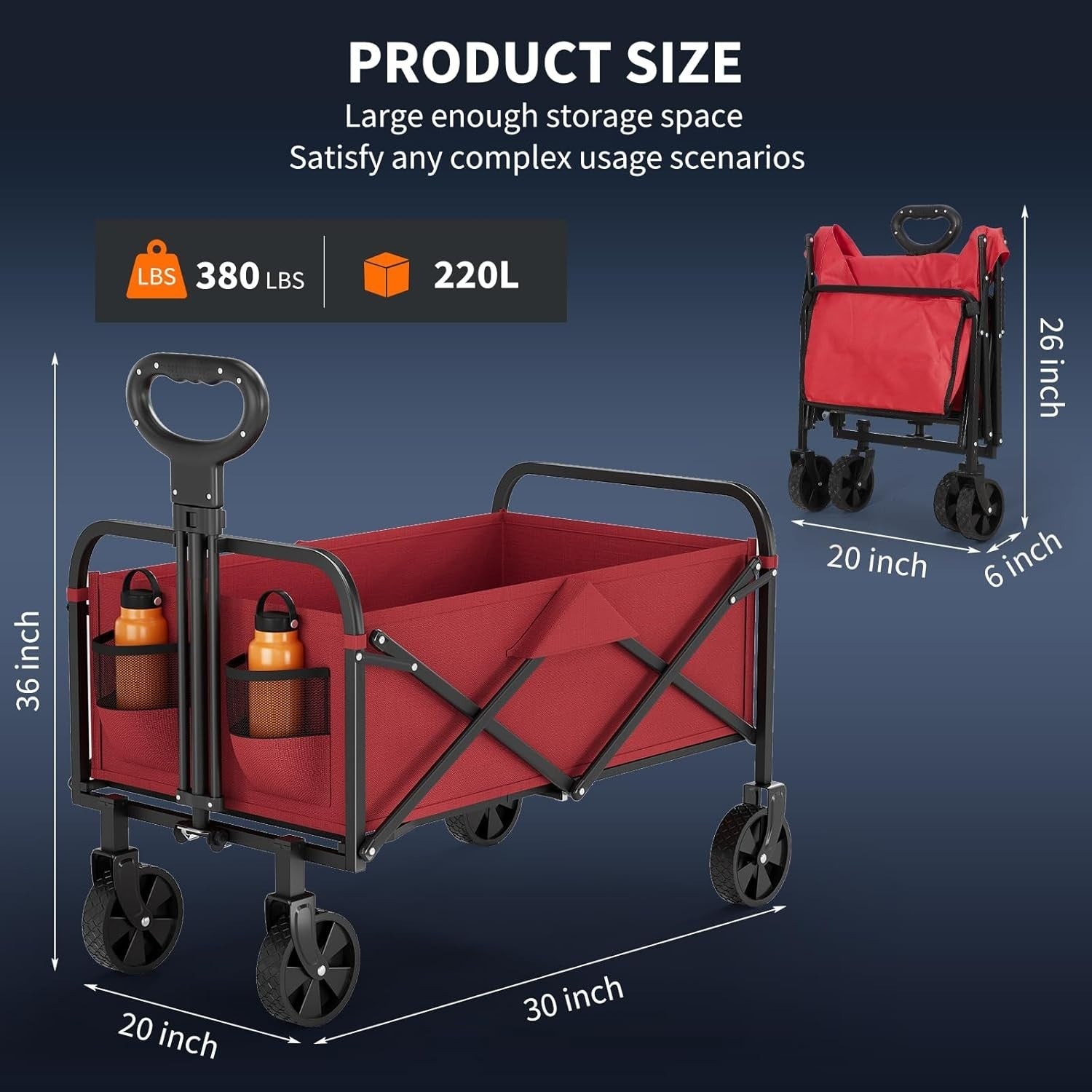 220L Folding Festival Wagon Heavy Duty Cart 172kg Load All Terrain Wheels Red