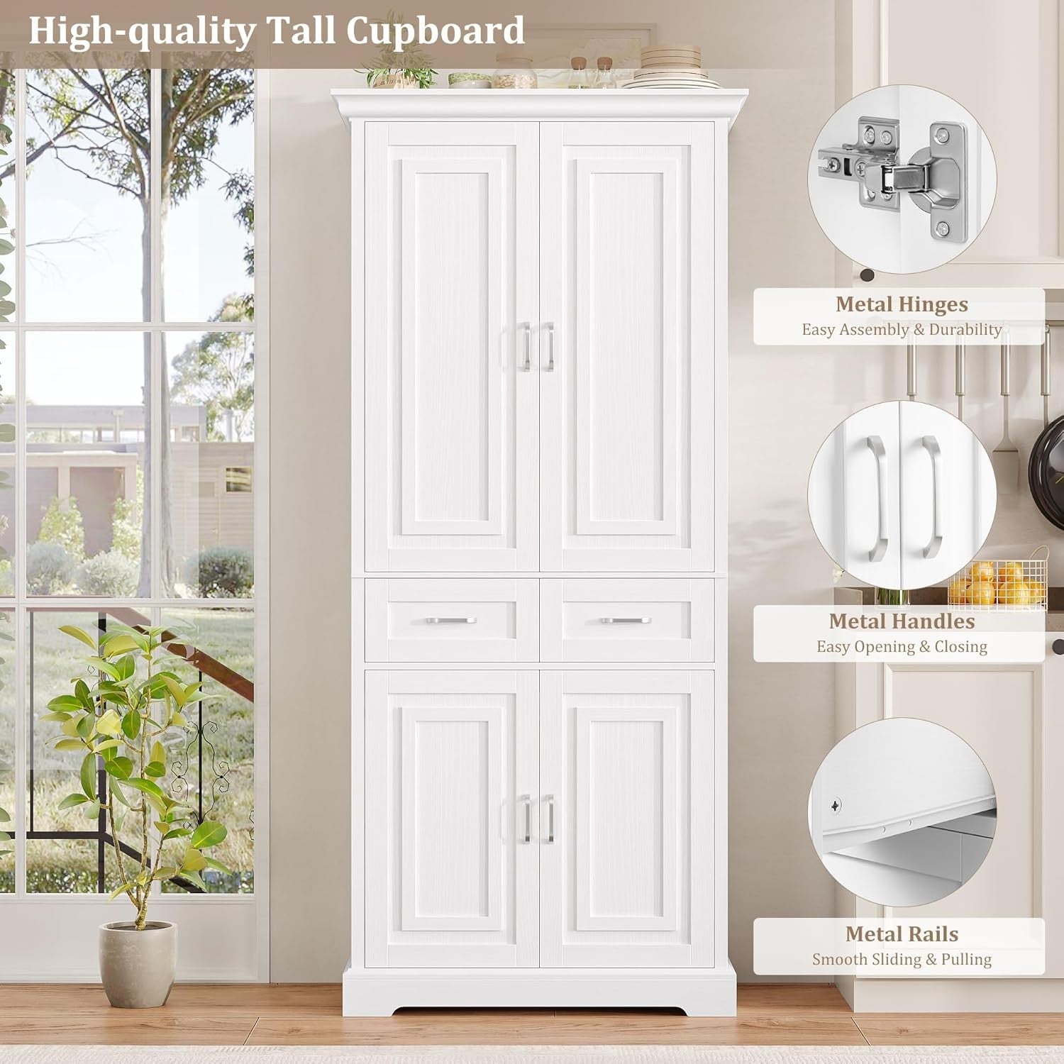180.5cm Tall Kitchen Cupboard White 4 Doors 2 Drawers Adjustable Shelves