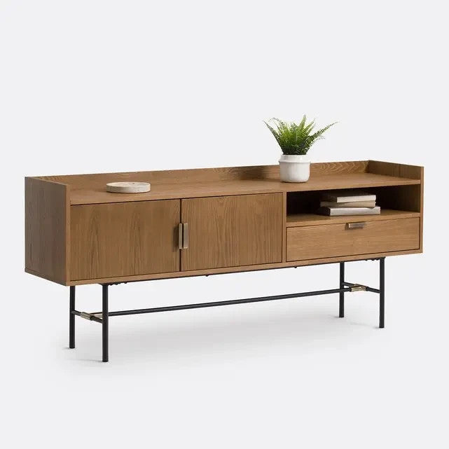Vintage Walnut Sideboard with Drawer & Doors – Black Steel Legs 180cm