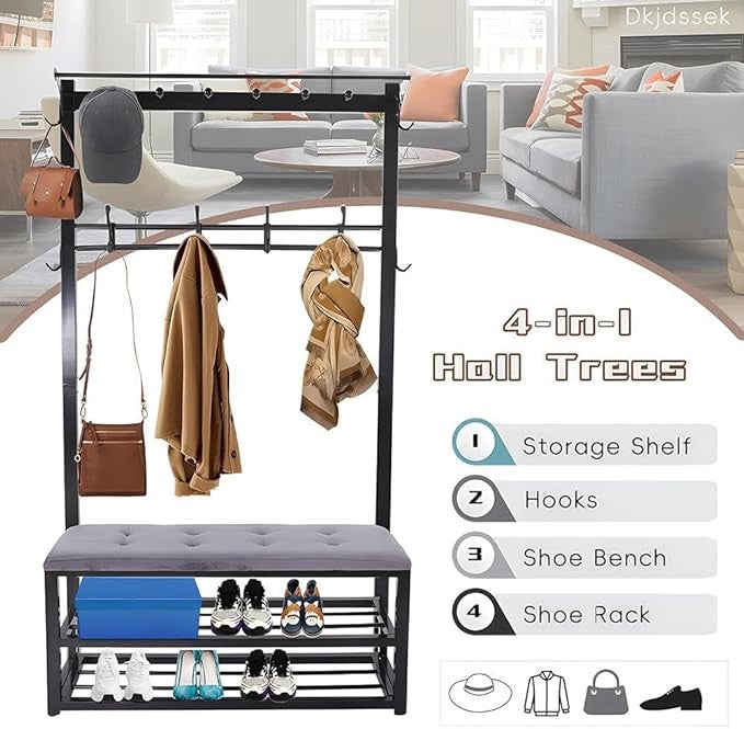 Metal Coat Rack with Shoe Bench & Hooks – 3-in-1 Entryway Storage Organizer 100c