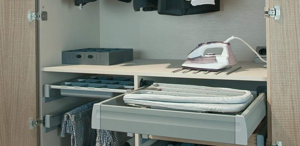 Drawer Mounted Folding Ironing Board Pull Out Table Grey Striped Cover
