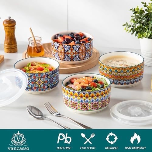36oz Ceramic Bowls with Lids Set of 4 Bohemian Meal Prep Storage