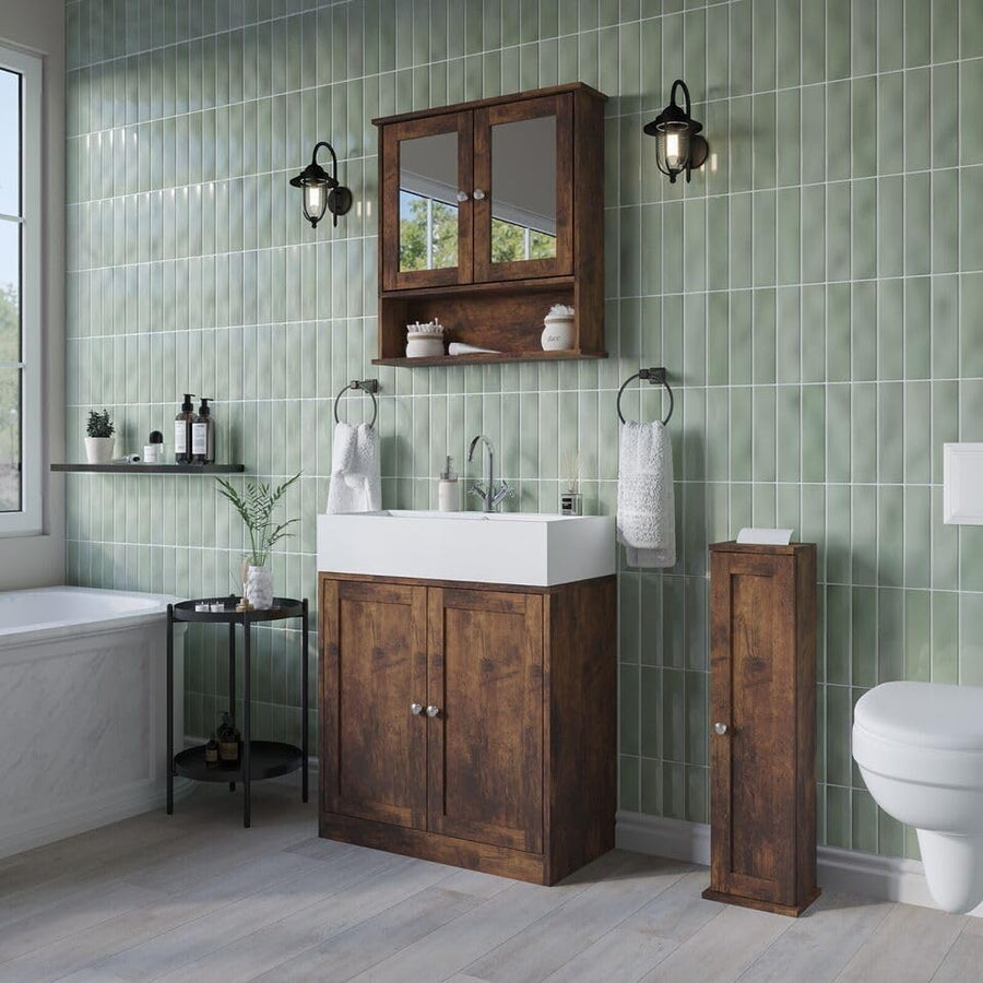 Rustic Brown 3 Piece Bathroom Set – Under Sink Cabinet, Mirror & Toilet Unit