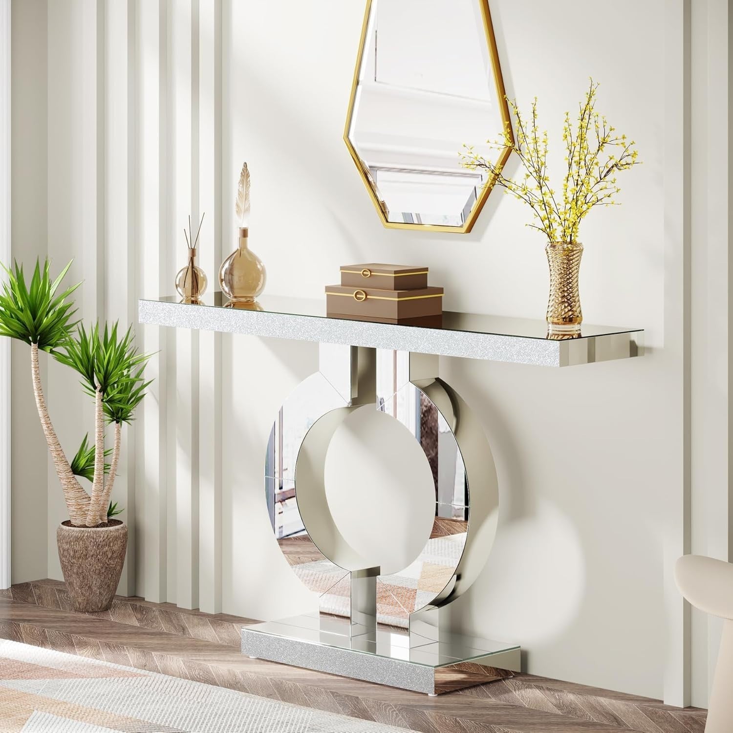 Modern Mirrored Console Table 110cm, Elegant Glass Display for Hallway