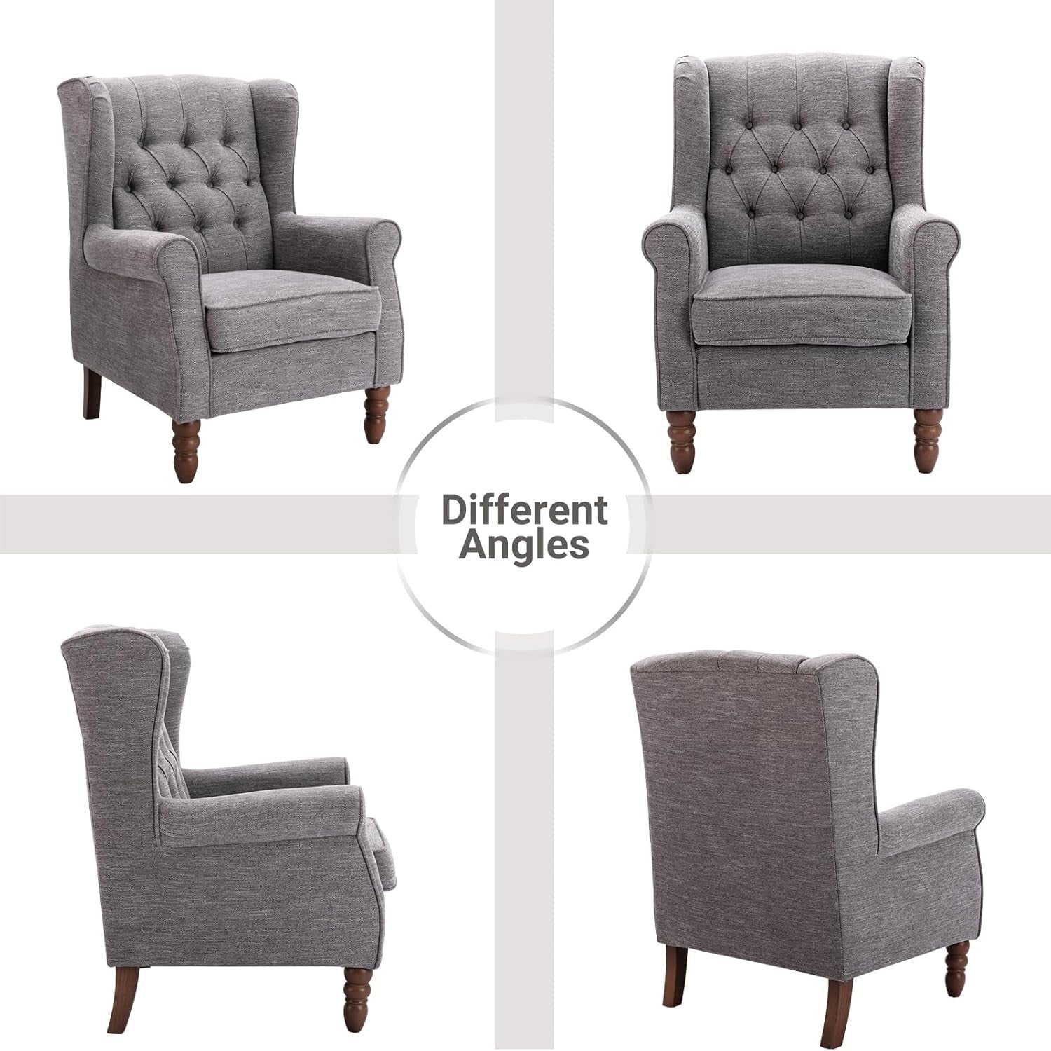 Grey Wingback Accent Armchair Button Tufted Fabric Lounge Chair