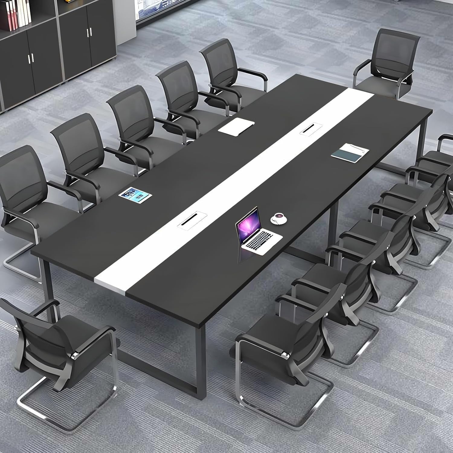Black + White Conference Table 240cm w/ Metal Frame & Scratch-Resistant Top