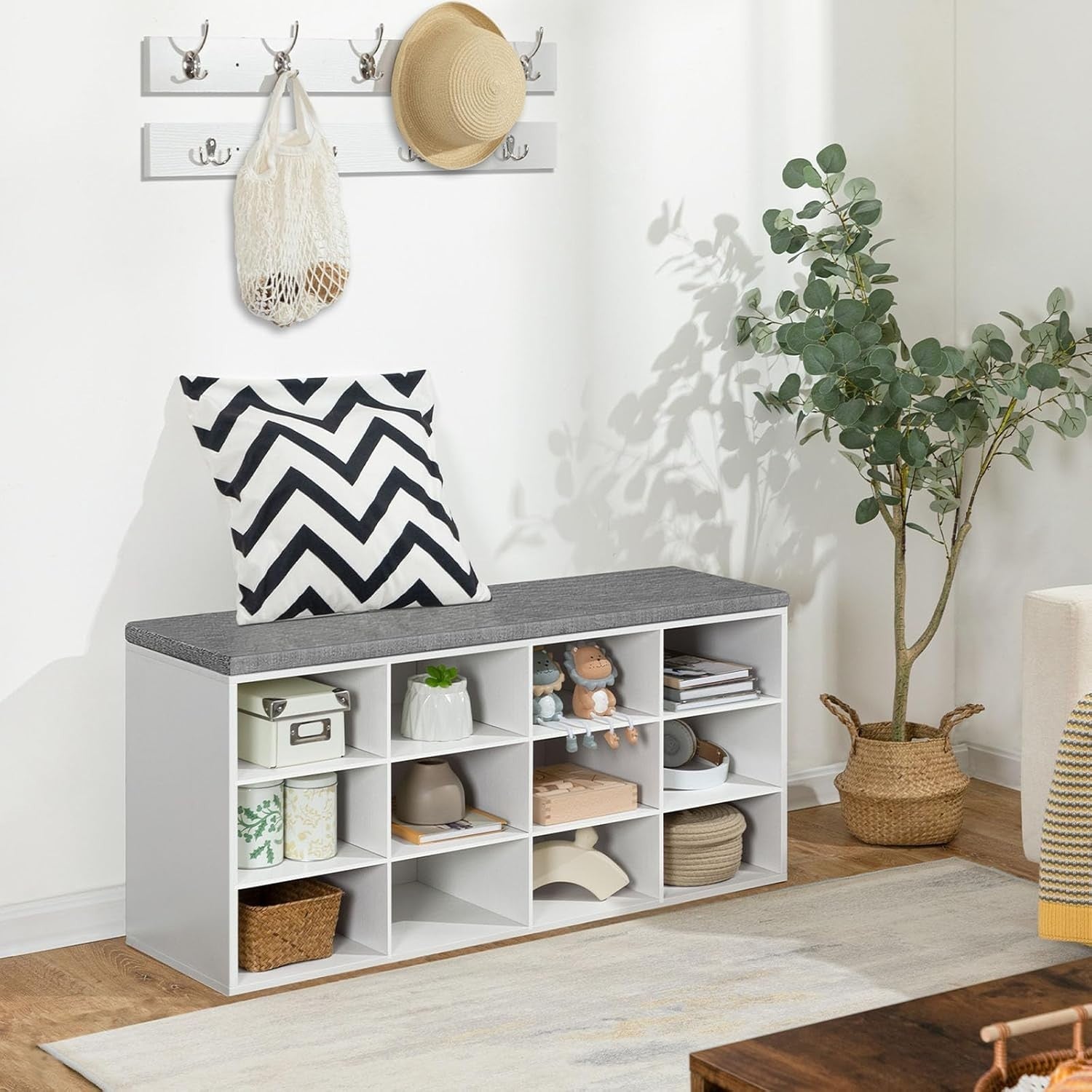 Shoe Storage Bench with Cushion & Hooks, 12 Cubbies, 100cm Hallway Rack