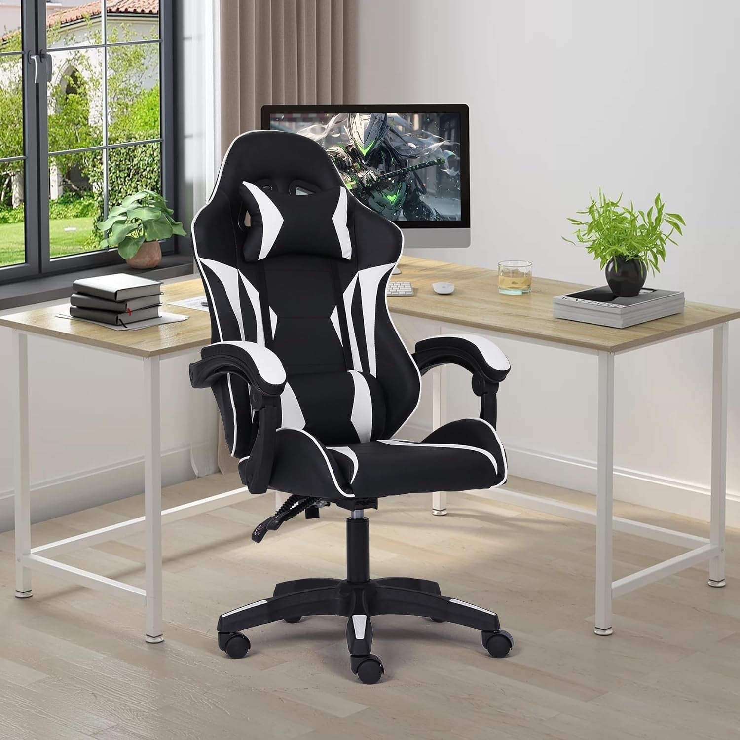 Ergonomic Gaming Chair w/ Lumbar Support Headrest Swivel White
