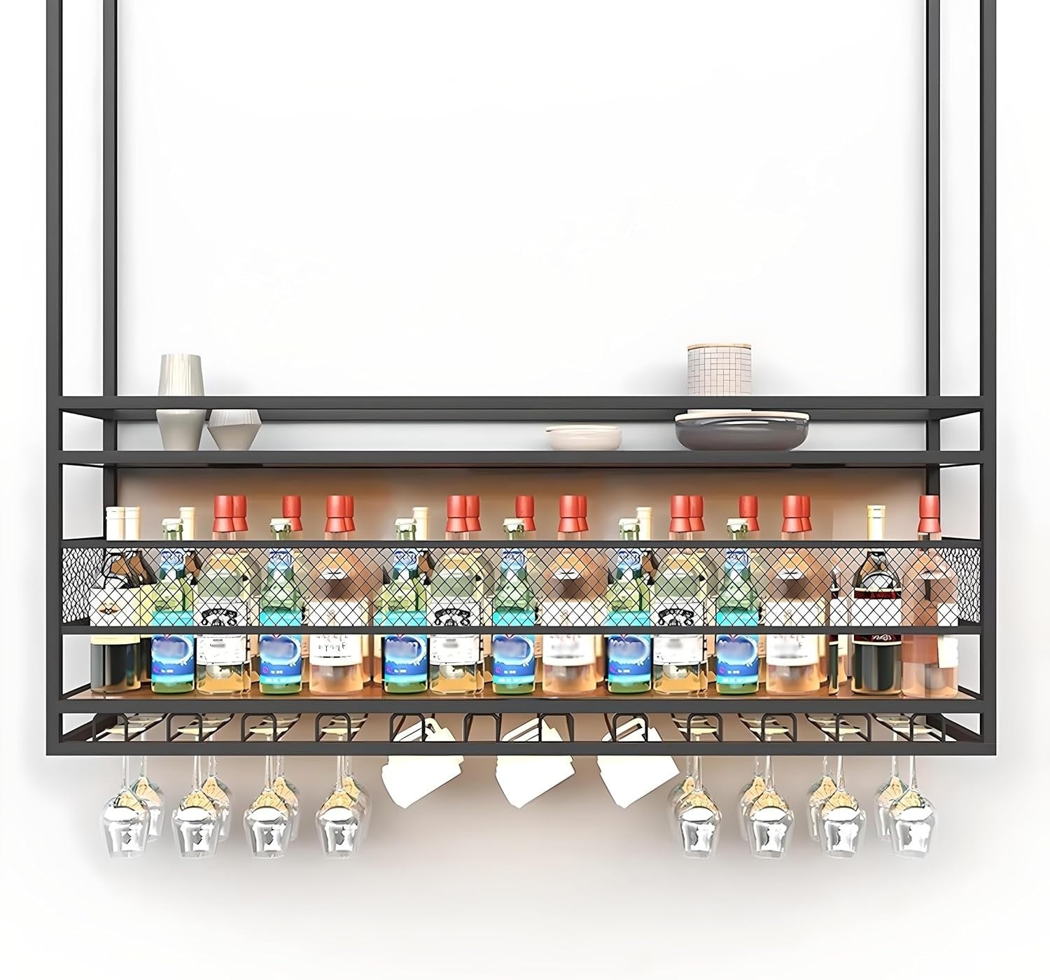 Ceiling Hanging Wine Rack 2-Tier Bar Bottle & Glass Holder Storage Shelf 120cm