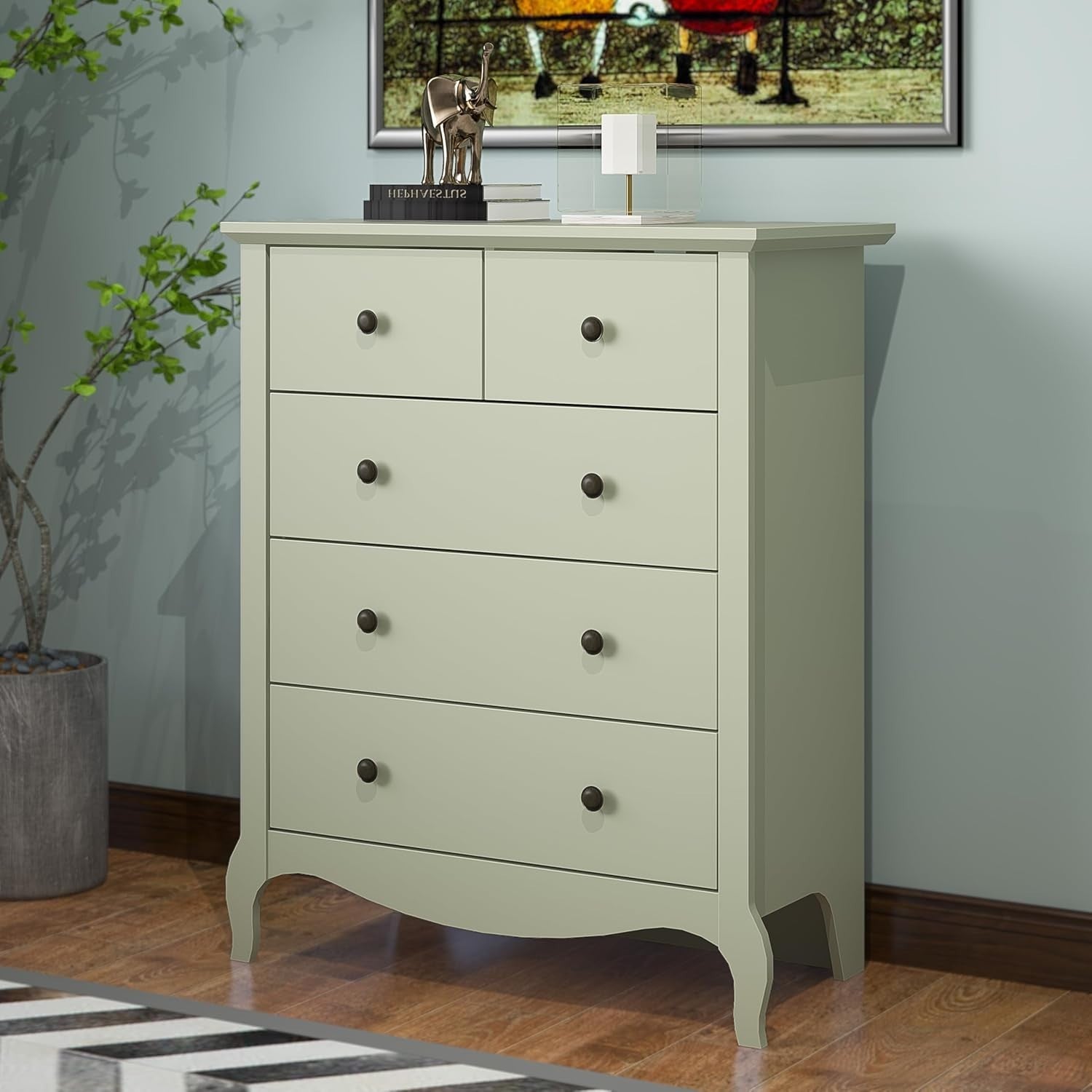 Sage Green 5 Drawer Chest Storage Cabinet Hallway Bedroom Modern Slimline