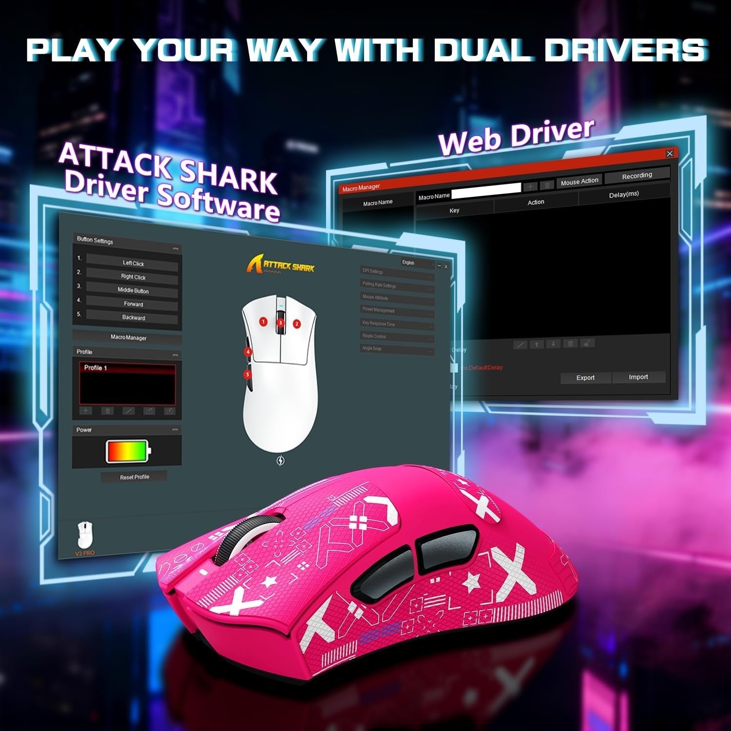 Wireless Gaming Mouse 25000 DPI 65g RGB Dock 2.4G Bluetooth Pink