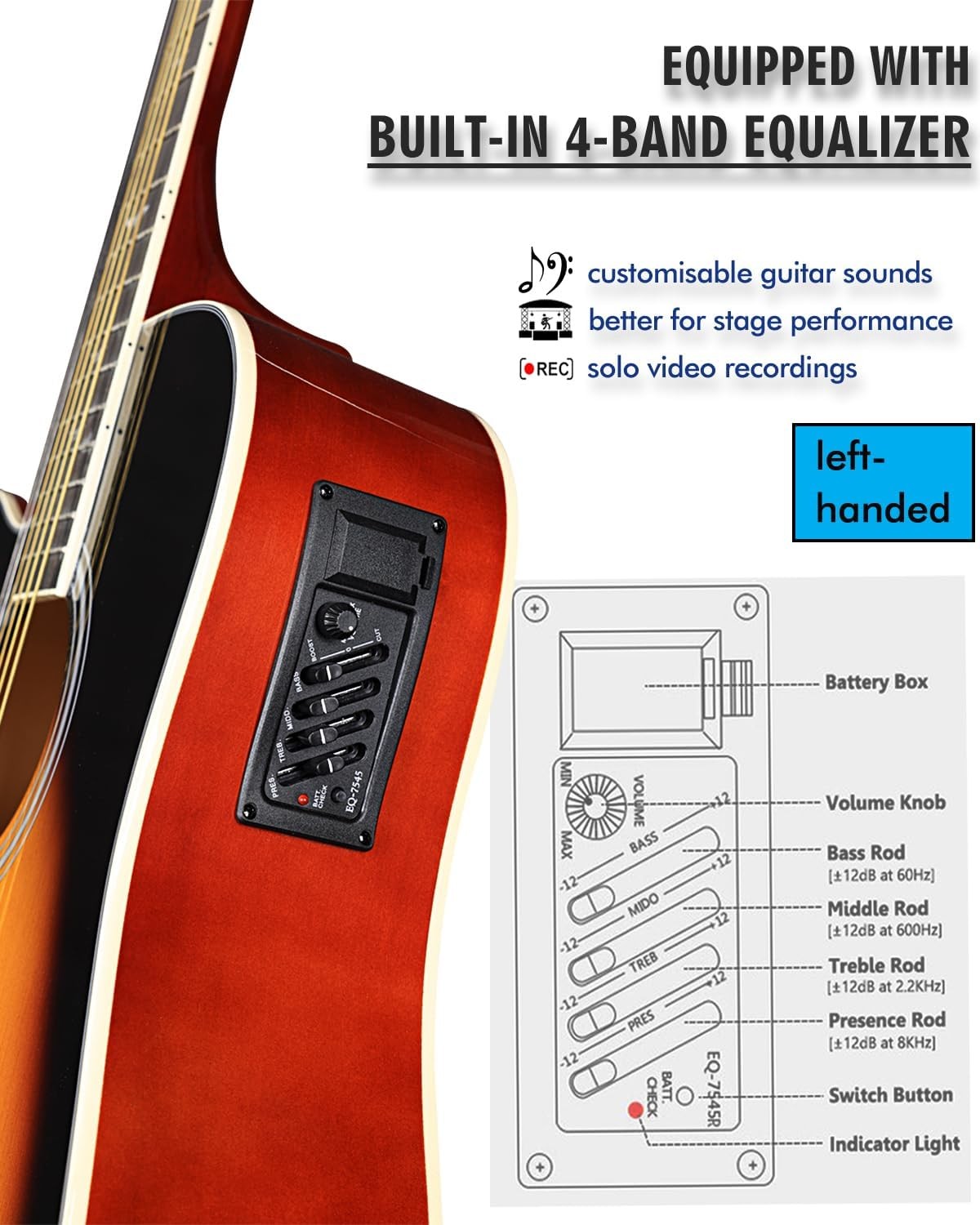 Left Handed 41in Electro Acoustic Guitar 4/4 Dreadnought EQ