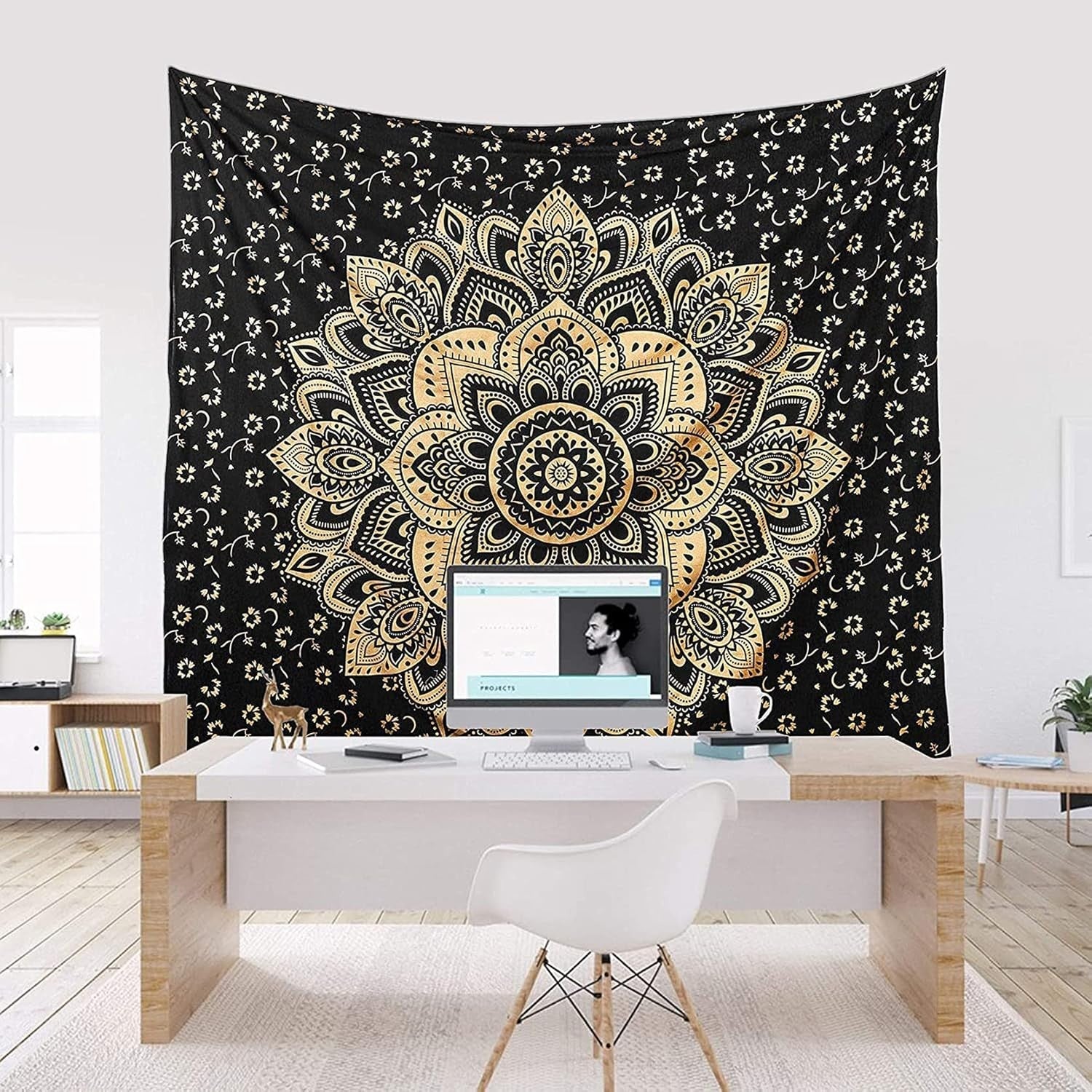 Boho Black Gold Mandala Tapestry 82x92" Cotton Wall Hanging