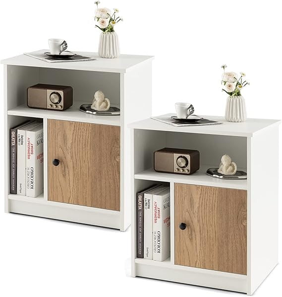 Modern Bedside Tables 2-Pack with Bamboo Door & Storage Shelves | White