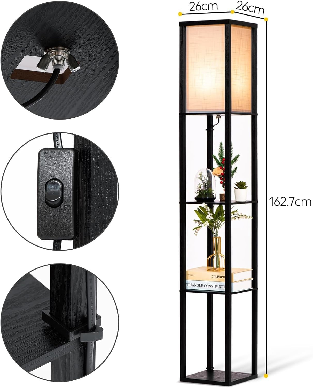 Floor Lamp with Shelves Wooden Standing LED Light Storage Display Black