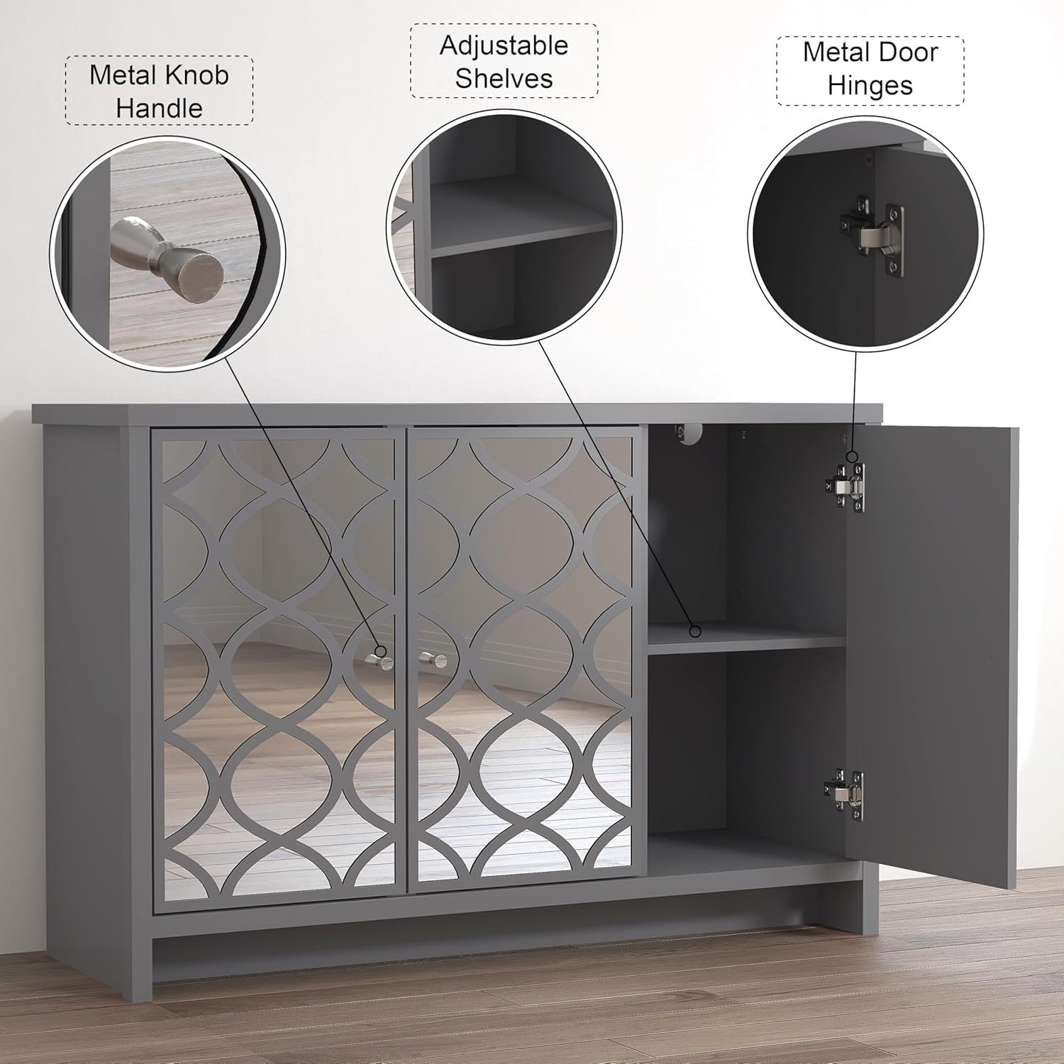 Grey Mirrored Sideboard Cabinet 3 Door Storage Unit for Hall or Lounge