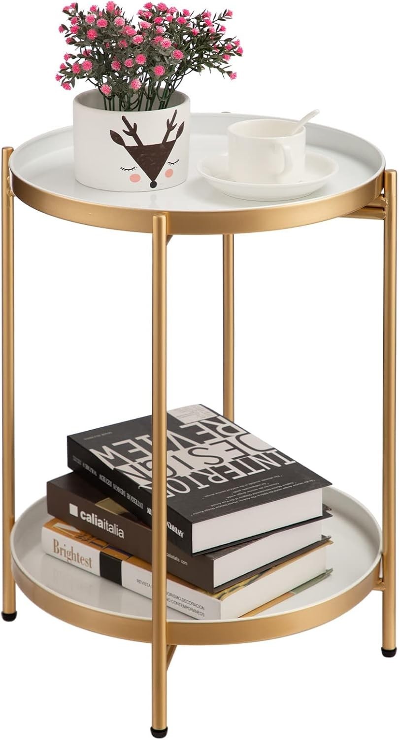 Round Metal Side Table with Removable Tray – Small 2 Tier Coffee Table.