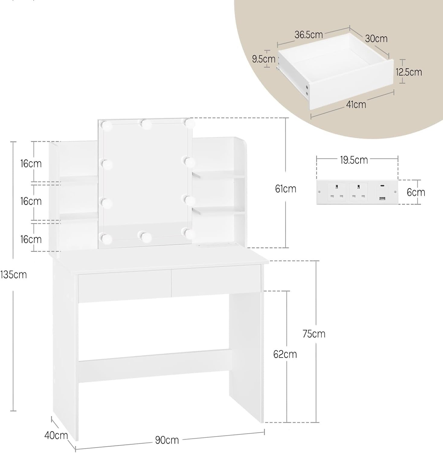 White Vanity Dressing Table Set Dimmable LED Mirror Power Strip 2 Drawers Storag